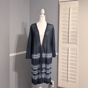 J. Jill Linen Blend Stripes Cardigan Sweater Topper Size XL Petite‎ Navy & Blue